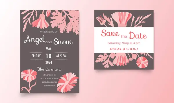 Two Elegant Invitation Cards Wedding Celebration Hand Drawn Flowers Plain Gráficos De Vetores