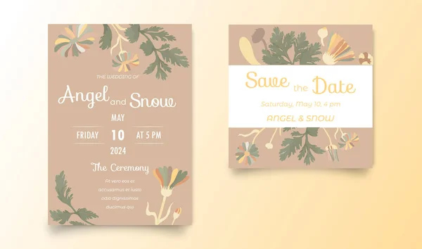 Two Elegant Invitation Cards Wedding Celebration Hand Drawn Flowers Plain Vetor De Stock