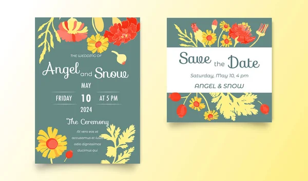 Two Elegant Invitation Cards Wedding Celebration Hand Drawn Flowers Plain Ilustração De Stock