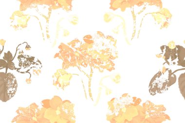 Beyaz arka planda izole edilmiş renkli Afrika menekşeli kusursuz bir desen. Bu desen, yukarıdaki yaprak dokusu nedeniyle eskimiş ya da solmuş bir etkiye sahiptir..