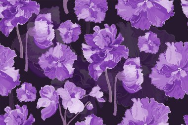 Koyu arkaplanda, Afrika menekşe bitkilerinden oluşan pürüzsüz bir desen izole edilmiştir. Alttaki büyük yarı şeffaf çiçekler derinlik etkisi yaratıyor..