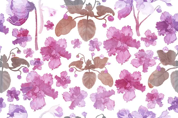 stock vector Seamless pattern with African violet flowers are isolated on the white background. Hand-drawn parts of the violets with beautifully aged effect due to watercolor texture placed above.