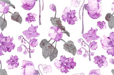 Beyaz arka planda izole edilmiş renkli Afrika menekşeli kusursuz bir desen. Bu desen, yukarıdaki yaprak dokusu nedeniyle eskimiş ya da solmuş bir etkiye sahiptir..