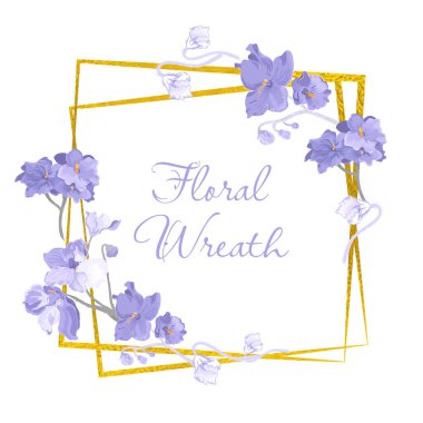 Tamamen renkli Afrika menekşeleri ve altında kare altın çerçeveler olan izole bir çelenk. Beyaz arka planda klasik renk çiçek parçaları. Kompozisyonun ortasında örnek metin.