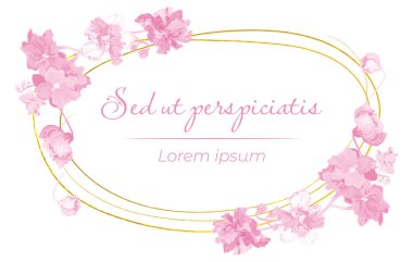 Tek renkli çiçekler beyaz arka planda dairesel bir çerçeveye konur. Çerçeve, Afrika çiçeklerinin ince altın çizgisinden yapılmıştır. Tasarım fikirleri için klasik çiçek çerçevesi.