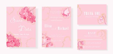 Düğün partisi için dört yapraklı çiçek şablonu. Narin el yapımı Afrika menekşeleri ve sade arka plandaki hatları. Her kutlama partisi için zarif kartlar..