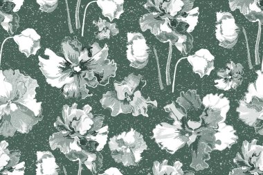 A seamless pattern with grayscale African violet flowers isolated on the colored background. The pattern has an aged or withered effect due to the sand texture that is placed above. clipart