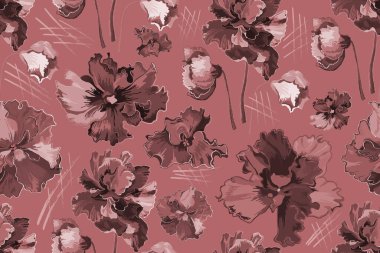 Afrika menekşeli çiçeklerin kusursuz deseni pastel renkli arka planda izole edilmiştir. Menekşelerin elle çizilmiş fırça darbeleri ya da kapakları serbest stil ile çizilmiş kısımları.