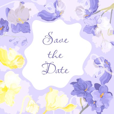 Üzerinde Afrika menekşeleri olan bir davetiye. Renkli ve siluetten yapılmış. Merkezde serbest biçim var. Renkli arka plan. Dergi, Poster, Kart vs. için Vektör İllüstrasyonu.