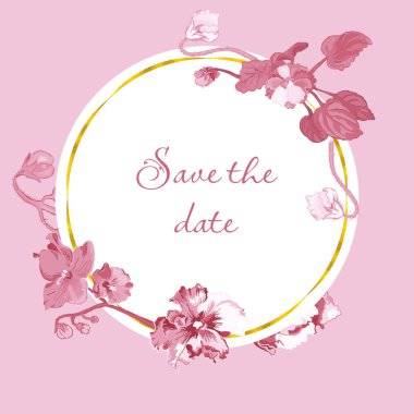 Çiçek vektör kartı ya da bir dairenin etrafına yerleştirilmiş Afrika menekşeli poster. Renkli arka planda altın çerçeveli beyaz daire şeklinde. Vektör bahçesi illüstrasyonu, poster, kart vs..