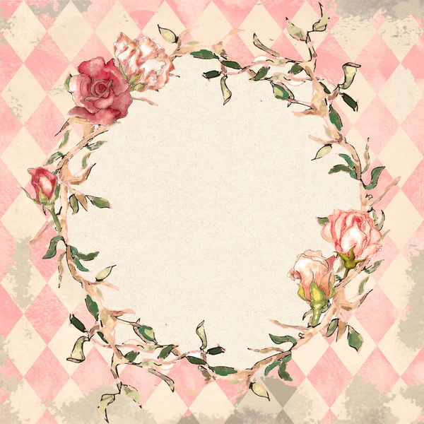 Alice Wonderland Style Watercolor Floral Frame Grunge Diamond Victorian Background — Stock Photo, Image
