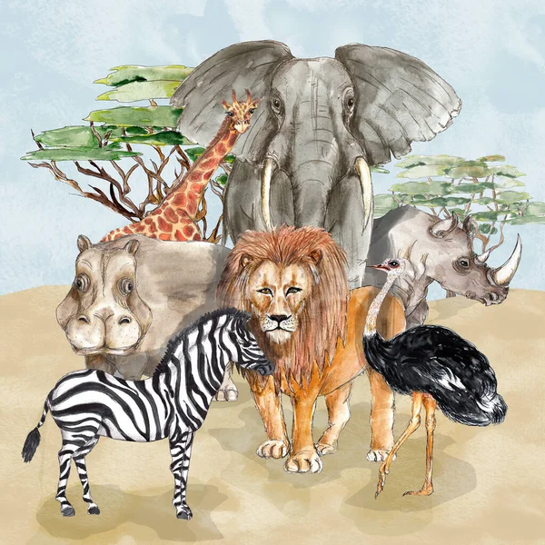 Safari African animals portrait watercolor illustration