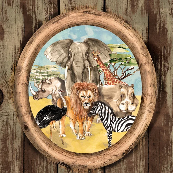 Safari Afrikanska Djur Porträtt Akvarell Illustration — Stockfoto