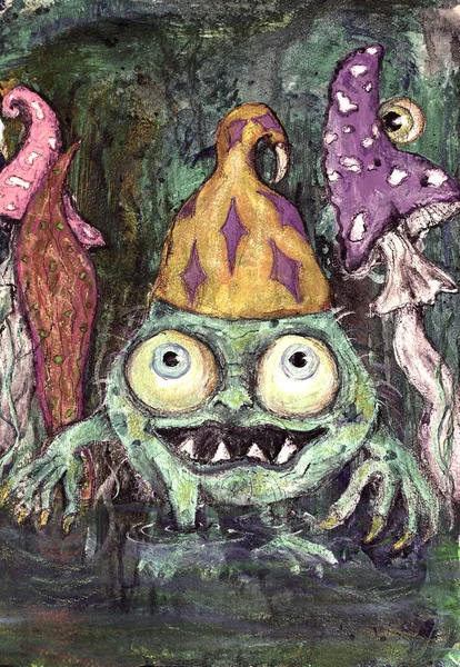 Whimsical fantasy cute swamp monster  creature painting