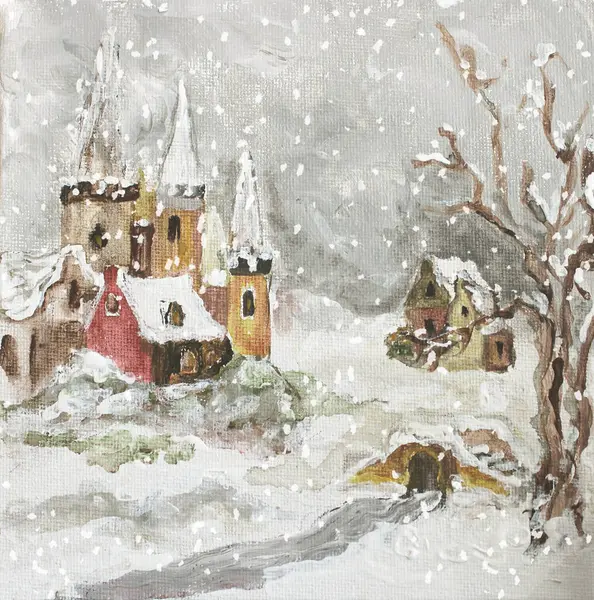 Winter Village Hollanda manzarası retro tarzı orijinal Noel resmi