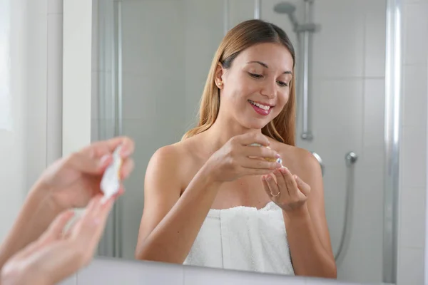 Skin Care Routine Portrait Beautiful Girl Applying Cream Eye Finger — Stock Photo, Image