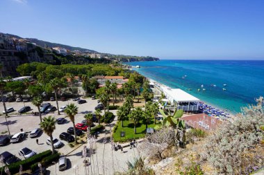 TROPEA, CALABRIA - SEPTEMBER 6, 2022: Aerial view of famous village of Tropea in Calabria, Italy