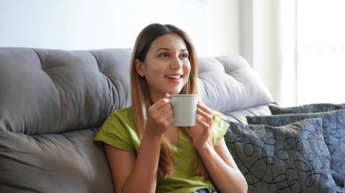 Rahat bir şekilde kanepede oturup sıcak çikolata içen güzel bir kadın hafta sonunun, modern dairenin ve tatil konseptinin tadını çıkarıyor. Web sitesi başlık tasarımı için yatay fotoğraf pankartı.