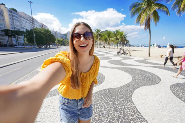 Fashion Tourist Woman Takes Selfie Photo Copacabana Beach Promenade Rio — Stock Photo, Image