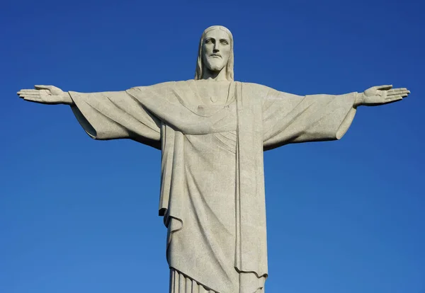 stock image RIO DE JANEIRO, BRAZIL - JUNE 21, 2023: Statue of Christ the Redeemer agaist blue sky on Corcovado mountain, Rio de Janeiro, Brazil