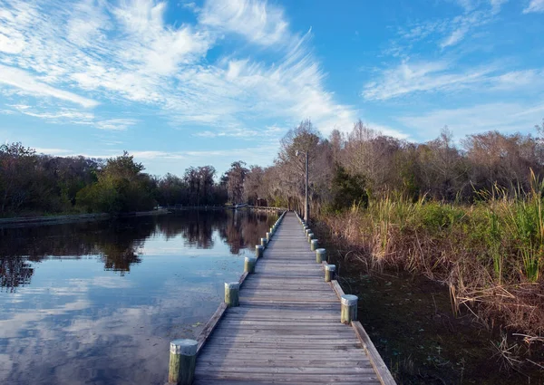 湖沿いのフロリダパークの木製ウォークウェイ ストック写真
