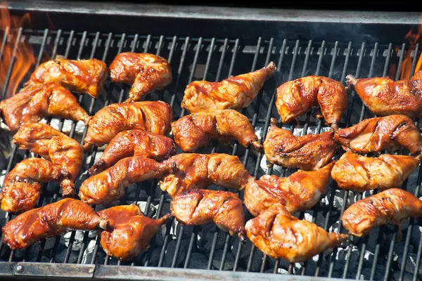 香喷喷的腌制鸡腿在夏季烧烤时烧烤 免版税图库照片