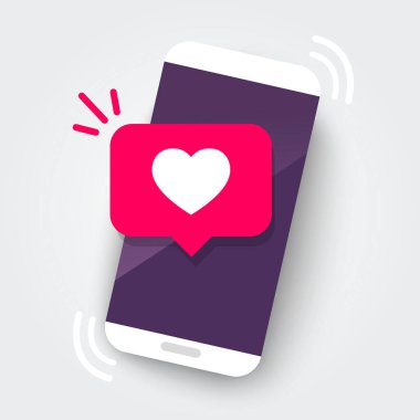 Kalp emojisi baloncuklu DruckVector illüstrasyon akıllı telefonu ekrana getir. Sosyal ağ ve mobil cihaz kavramı. Web siteleri ve web pankartları için grafiksel.