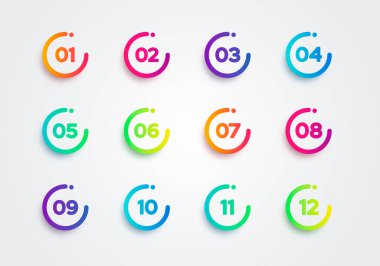 Vektör Çizimi Renkli Kurşun Noktaları. 1 numaradan 12 numaraya kadar.