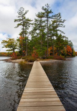 Kanada 'nın Muskoka bölgesinde Hardy Gölü' nde bulunan adaya tahta köprü..