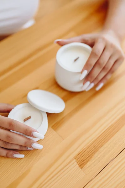Place Label Soy White Candles Group White Candles Stand Wooden — Stockfoto