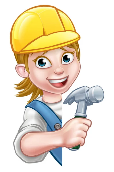Woman Carpenter Builder Contractor Holding Hammer Hand Tool Peeking Sign — Stock Vector