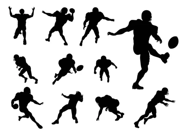 Conjunto Detallados Jugadores Fútbol Americano Silueta Montón Posturas Diferentes — Vector de stock