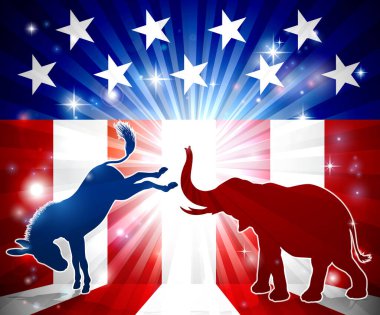 Bir siluet eşek ve arka planda Amerikan bayrağı olan bir fil demokrat ve cumhuriyetçi siyasi maskotlar.