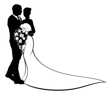 Gelin ve damat, siluetli gelinlikli, elinde çiçekli bir buket çiçekle gelin ve damat çifti.