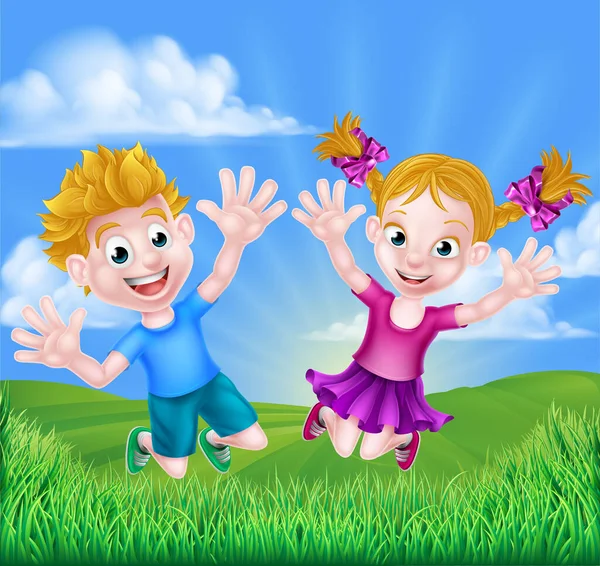 快乐的卡通片 年轻的男孩和女孩在户外田野里欢蹦乱跳 — 图库矢量图片