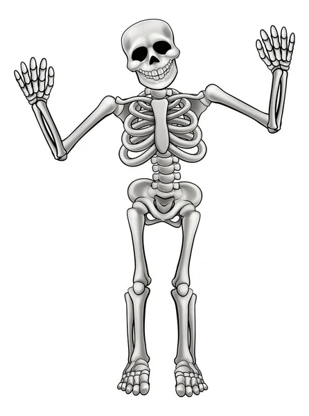 Skeleton Cartoon Character Waving Both Hand — Stock Vector