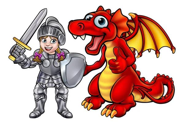 Cartoon Dragon Young Knight Girl Character Her Suit Armour Holding — Stock Vector