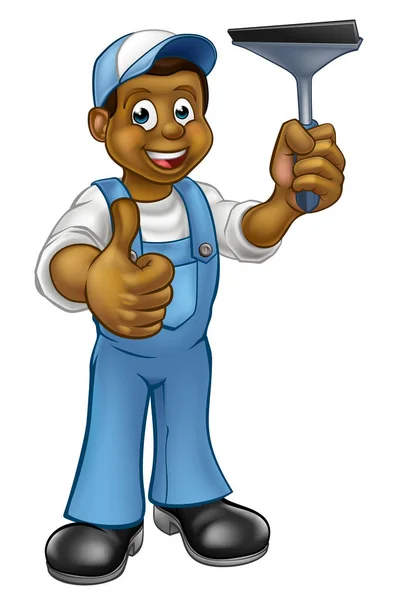 Limpador Janelas Preto Personagem Cartoon Lavador Segurando Rodo Dando Polegar — Vetor de Stock