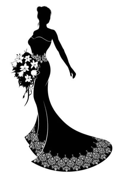 新娘剪影婚纱设计 新娘身穿花纹婚纱 带有抽象花纹 手持花束婚纱 — 图库矢量图片#