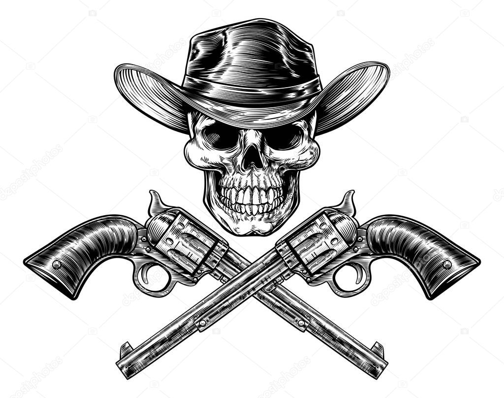Skull cowboy in hat and a pair of crossed gun revolver handgun six shooter pistols drawn in a vintage retro woodcut etched or engraved style