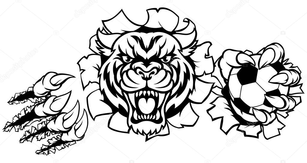 A Tiger angry animal sports mascot holding a soccer football ball and breaking through the background with its claws