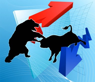 Borsa kâr grafiği önünde bir ayı karakterine karşı bir siluet boğası finansal konsepti