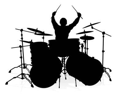 A drummer musician drumming drums in detailed silhouette clipart