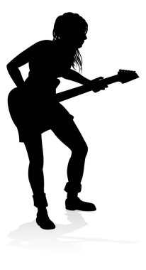 Gitar enstrümanını çalan, detaylı silueti olan bir kadın gitarist..