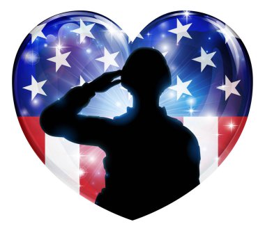 A patriotic soldier saluting in an American flag heart background clipart