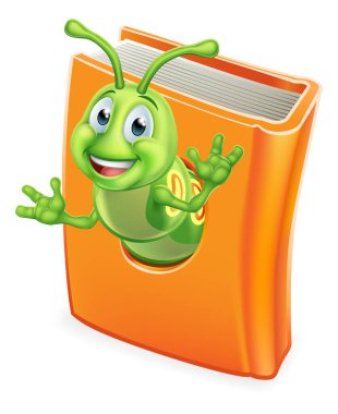Tatlı bir kitap kurdu tırtıl çizgi film karakteri eğitim maskotu kitap yiyor.