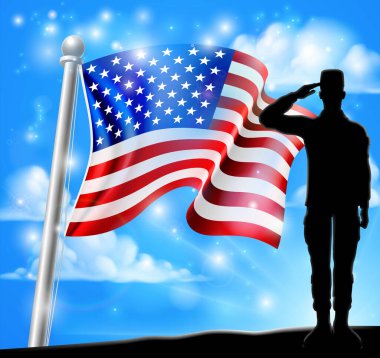 Vatansever Amerikan bayrağıyla selamlayan asker kırmızı, beyaz ve mavi arkaplan grafik tasarımı