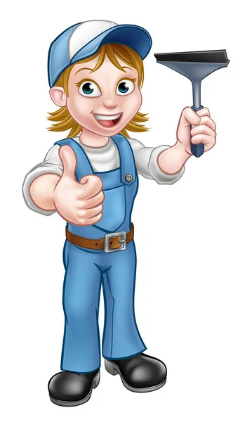 Limpador Janelas Personagem Cartoon Handyman Segurando Rodo Dando Polegar Para — Vetor de Stock