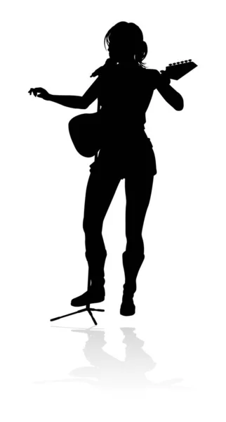 ギターの楽器を演奏する詳細なシルエットの女性ギタリストミュージシャン — ストックベクタ