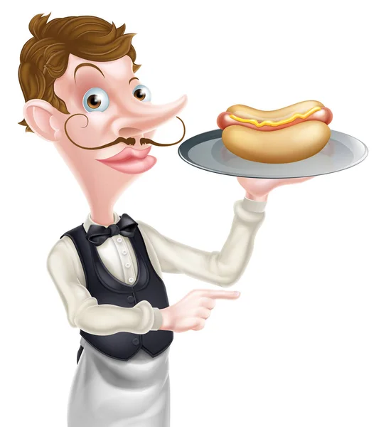 Illustration Serveur Dessins Animés Hotdog Butler Pointing — Image vectorielle
